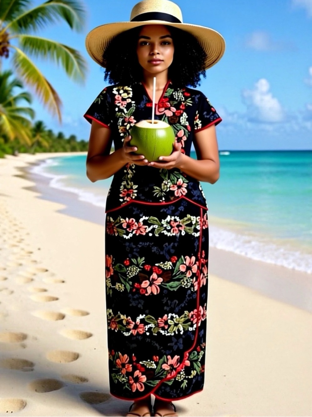 Floral Black Two-Piece Set with Red Trim